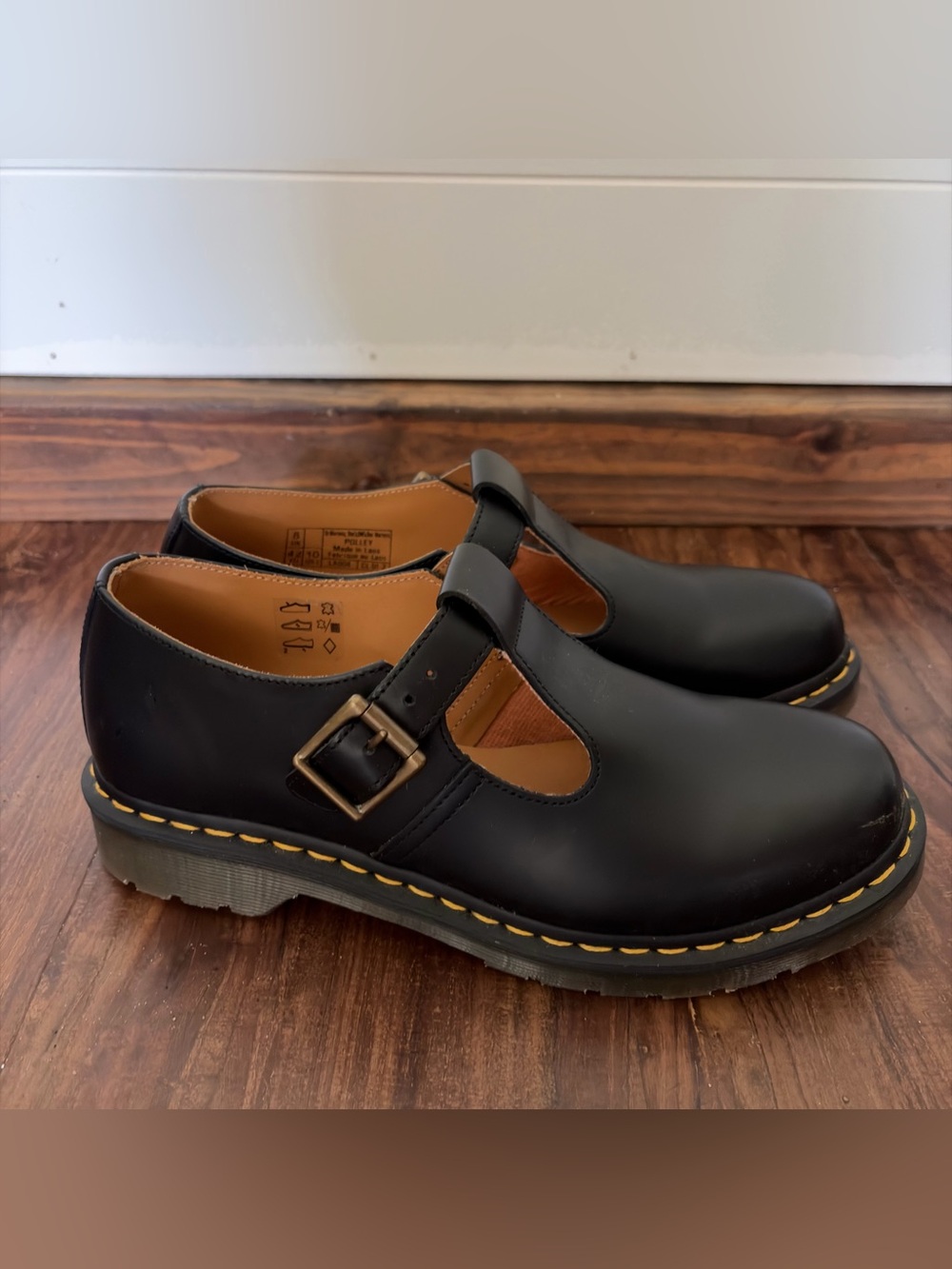 Dr. Martens Polley Smooth Black Leather Mary Jane Shoes with Tan Interior